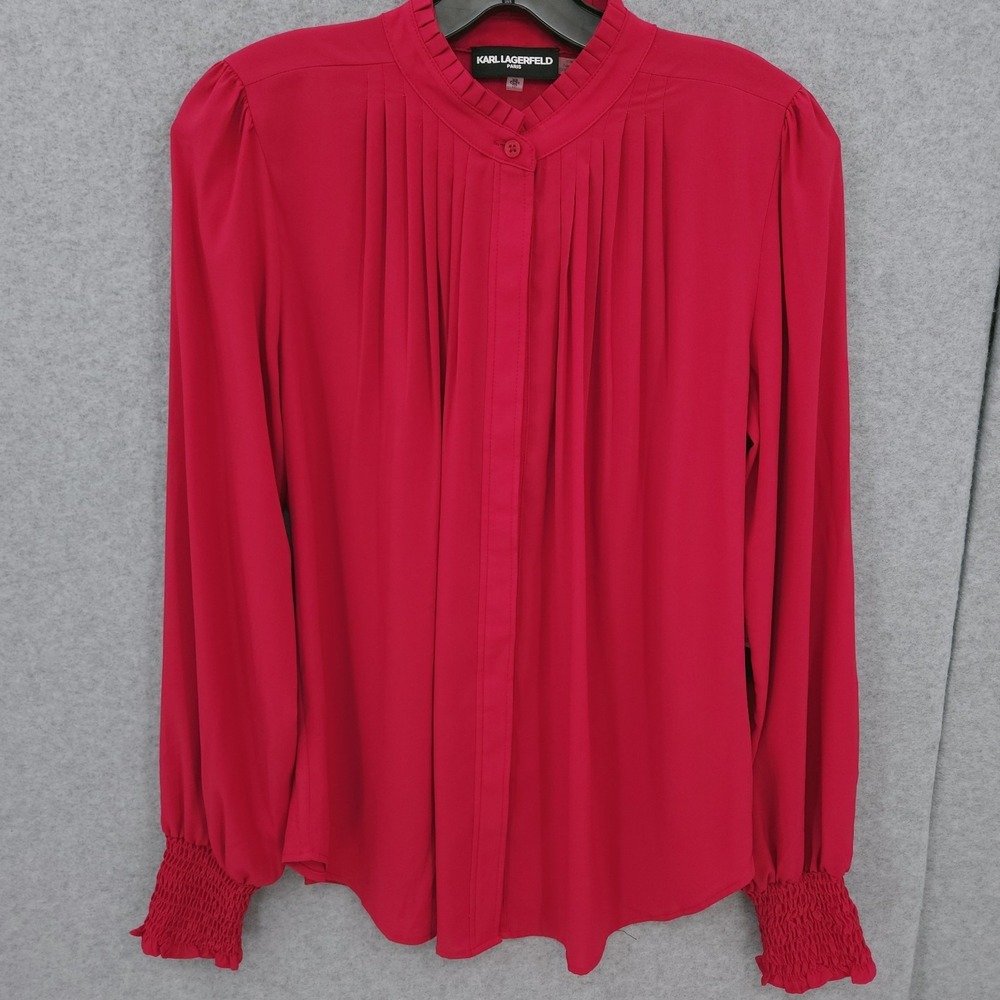 Karl Lagerfeld Paris Mock Neck Smocked Cuff Feminine Pink Blouse Womens Size XS
